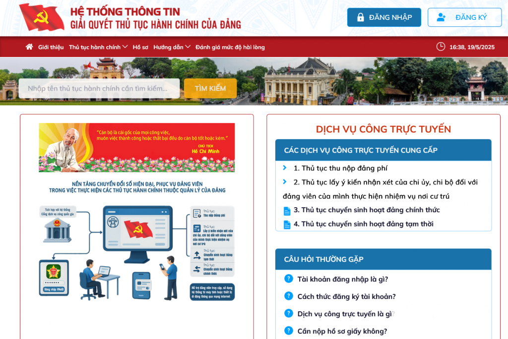 Giao diện nơi 4 thủ tục hành chính trong Đảng được Thành ủy Hà Nội tích hợp lên Cổng Dịch vụ công quốc gia. Ảnh: ITN