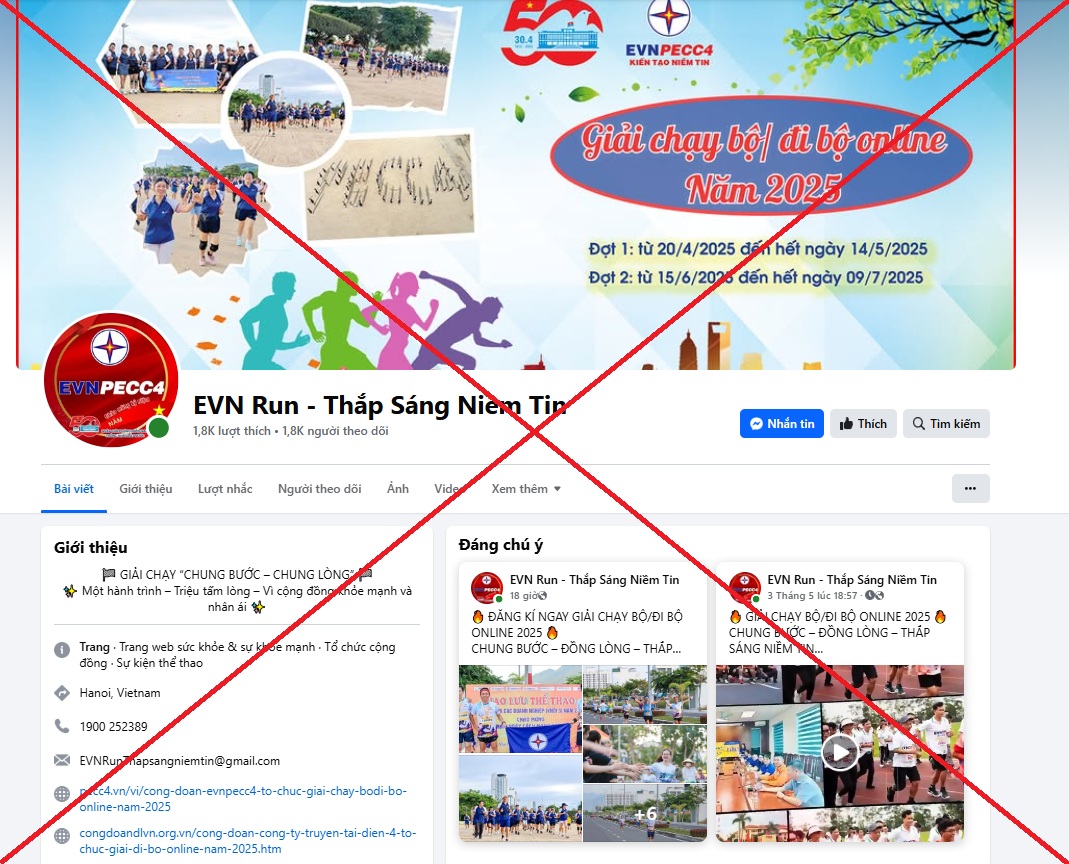 Hình ảnh Fanpage giả mạo thường hiệu EVN và Công ty Cổ phần Tư vấn xây dựng Điện 4 (EVNPECC4)